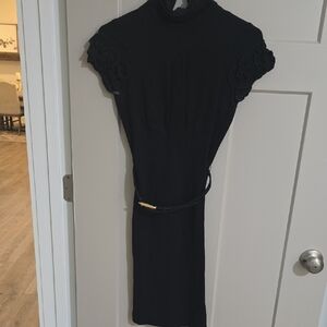 Cache Black Sheath Midi Dress with Puff Cap Sleeves